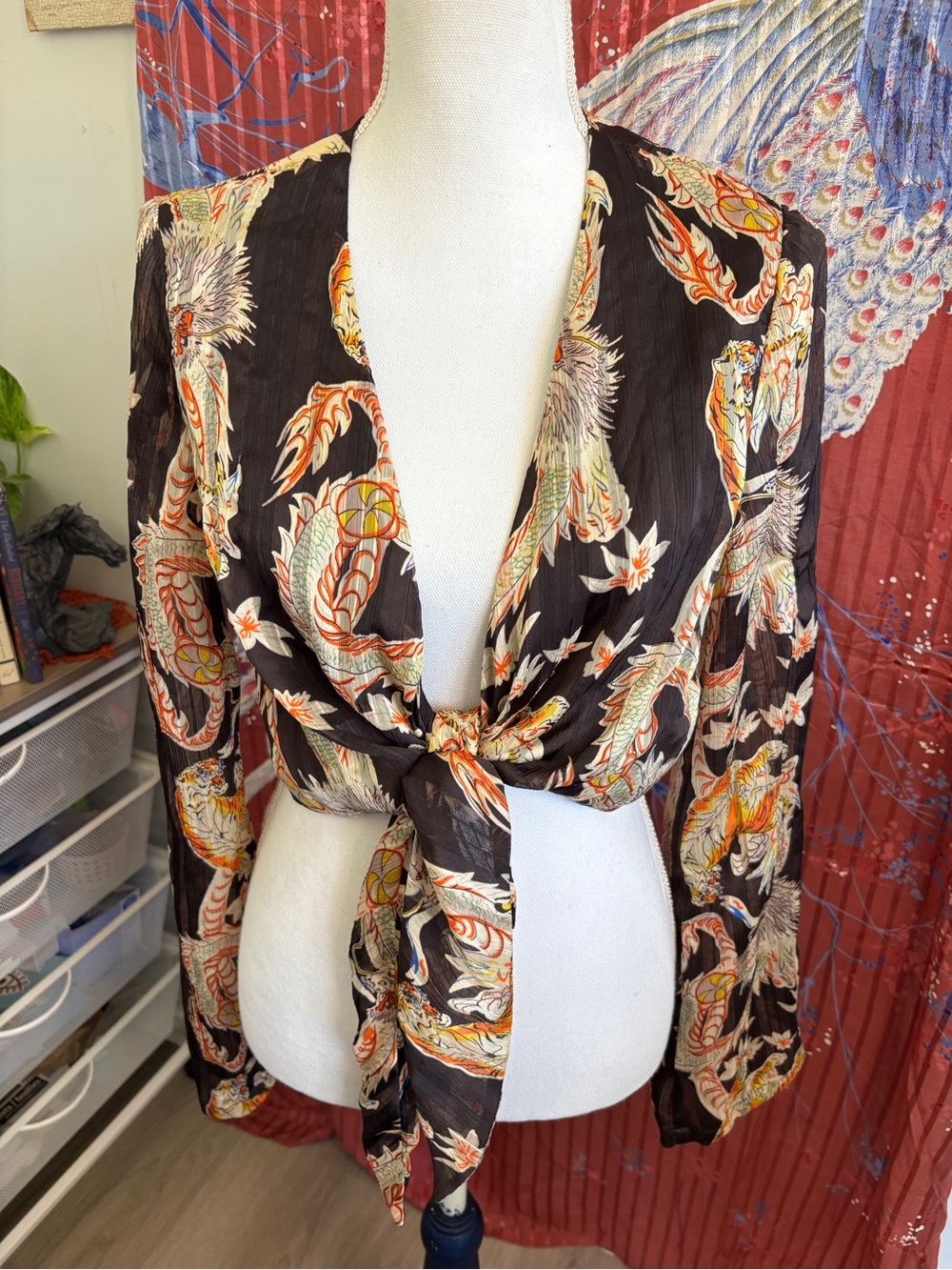 Urban Outfitters Black Dragon-Tiger Print Tie Front Top with Orange Accents